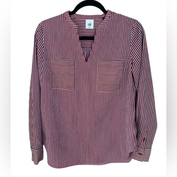 CABI Red White Blue Stripe V-Neck Long Sleeve Top Blouse Women's X-Small - Picture 2 of 9